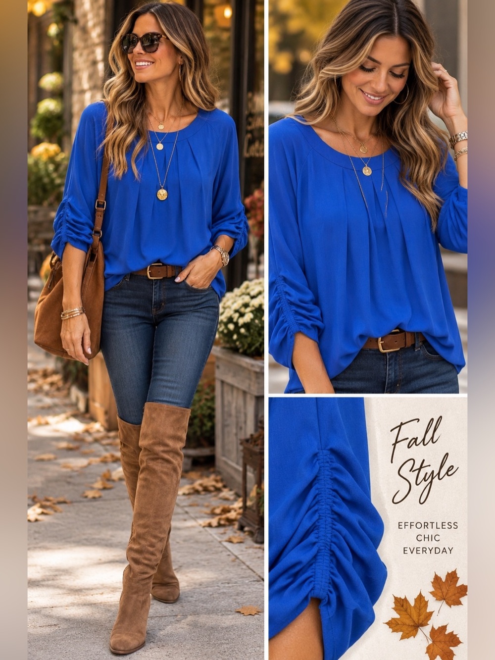 LISETTE Royal Blue Pleated Scoop Neck Blouse
